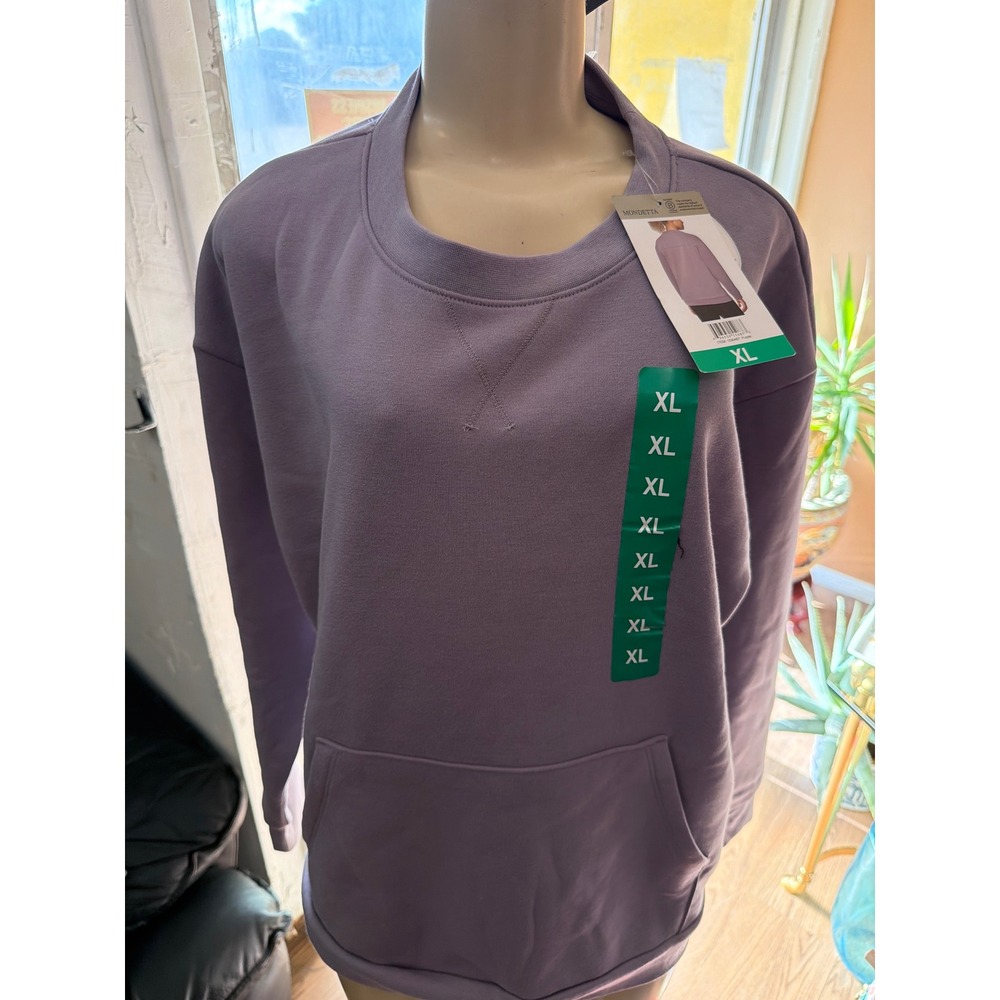 Mondetta Womens Active Fleece Sweatshirt Purple Crew Neck Kangaroo Pocket XL NWT